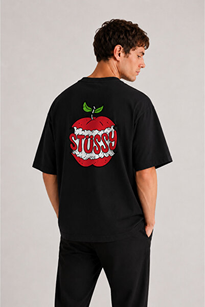 THE RULE Unisex Stüssy Apple Printed Oversize 100% Cotton Wide Cut Textured C...