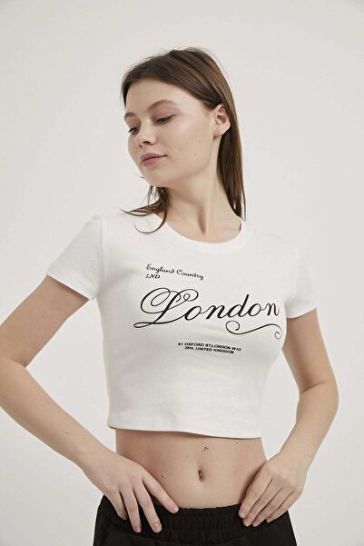 Arma Life Armalife 11143 Text Printed Bis Collar Crop Women's T-Shirt
