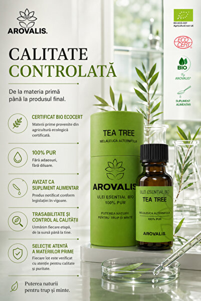 Arovalis. ULEI ESENȚIAL BIO DE TEA TREE 10 ml (Melaleuca alternifolia) 100% PUR