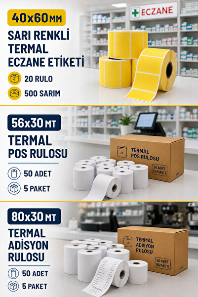 *Mega Paket* Eczane Etiketi - 40x60 MM 500 Net Sarım 20 Rulo + 56*30 MT 50 Adet + 80*30 MT 50 Adet