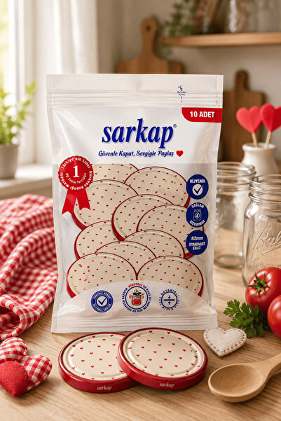 Sarkap Hijyenik Paketli 10 adet Kavanoz Kapağı – Kırmızı Kalp Krem – 82 mm