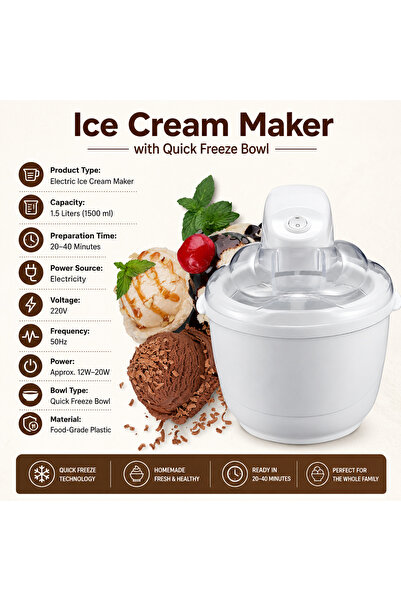 Baytix HOME 1.5L Electric Ice Cream Maker Machine with Quick Freeze Bowl, Fro...
