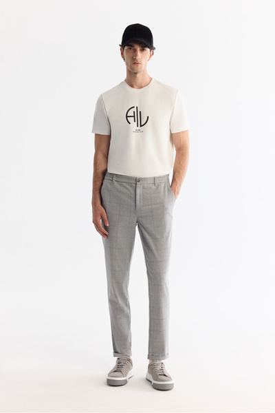 Avva Erkek Gri Yanları Lastikli Ekose Duble Paça Elastan Slim Fit Pantolon A4...