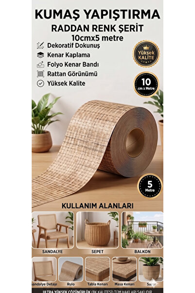 Aybas 10 cm x 5 Metre Rattan Desenli Dekoratif Şerit – Kendinden Yapışkanlı M...