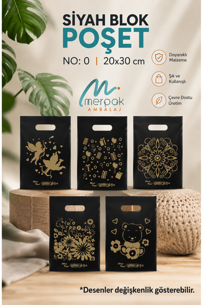 Merpak Ambalaj Siyah Poşet 100'lü No 0 Takviyeli Poşet 20x30 cm El Geçme Bask...