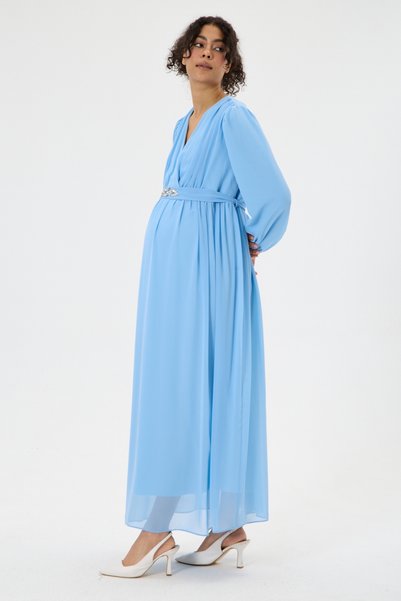 KATLİN MATERNİTY WEAR Maternity Lined Chiffon Dress with Stone Belt Detail at the Waist (Baby Blue)