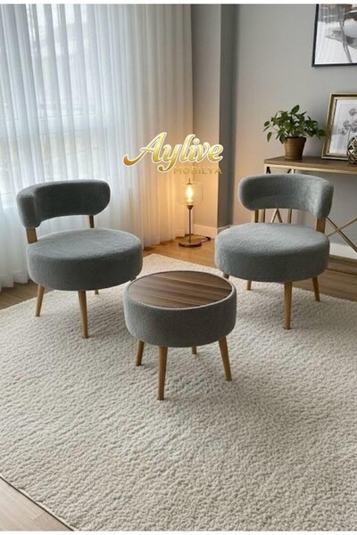 Aylive Mobilya Çay Seti İkili Koltuk Berjer Ve Puf Takımı 3 lü Takım (Balkon,...