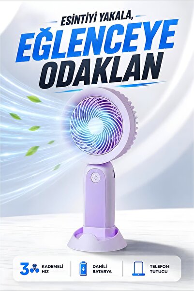 Kensa Şarjlı Taşınabilir Mini El Fanı 3 Kademeli Hız Ayarlı Telefon Standlı V...