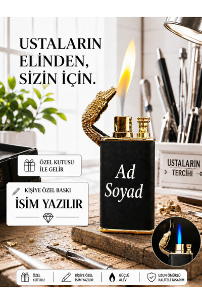 TrendÜrünlerim Kişiye Özel İsim Baskılı Gazlı Çakmak Timsah Ejder Çakmak Rüzg...