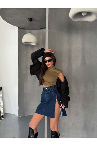HerTon Women's Zipper Detailed Denim Mini Skirt - 100% Cotton Slit Denim Skirt