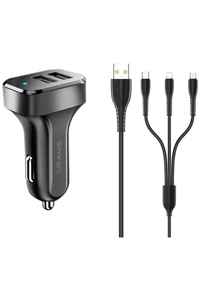 Usams Încărcător auto C13 + Cablu U35 Micro-USB, Lightning, Type-C 2A - Kit S...