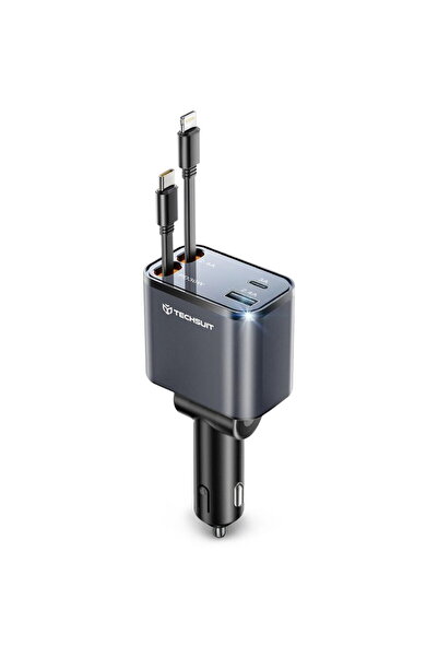 Techsuit 1x USB-A + 1x USB-C Cablu Retractabil USB-C Inclus Cablu Lightning I...