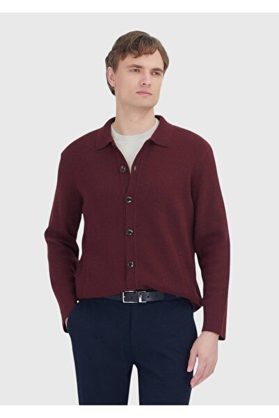 Ramsey Burgundy Polo Neck Plain Knit Wool Blend Cardigan