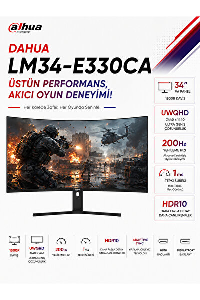 DAHUA LM34-E330CA 34″ 200Hz 1ms HDMI DP Adaptive Sync HDR10 WQHD VA Curved 15...