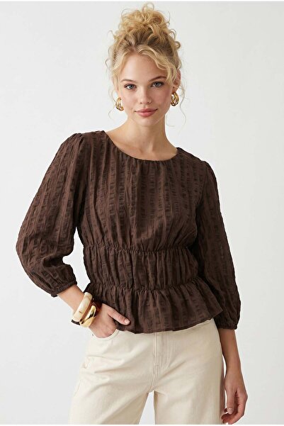 Mixray 4873 Women's Drawstring Detailed Balloon Sleeve Peplum Blouse Brown