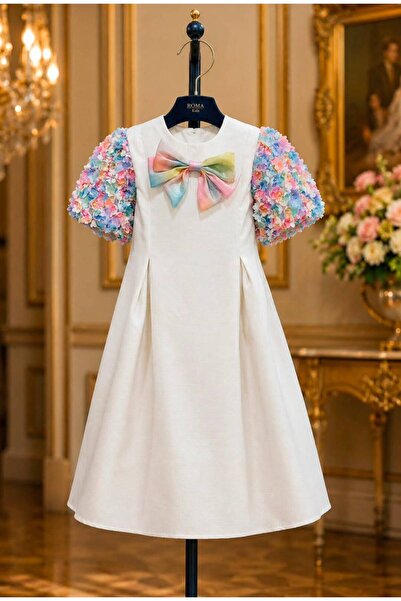 Rawai Roma White girl's dress with colorful rose sleeves and a bow