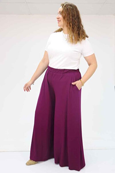 eslamood 49003 Plus Size Elastic Waist Combed Cotton Skirt Trousers-Purple