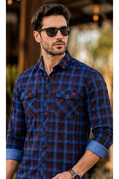FSR FUSARO %100 Pamuk Denim Ekose Slim Fit Çift Cepli Uzun Kollu Erkek Gömlek