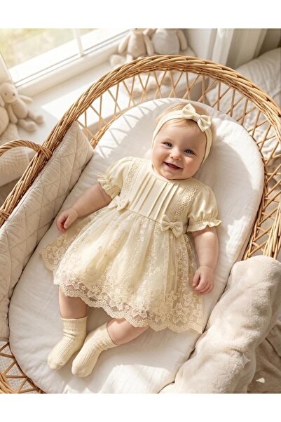 Miniday Baby Kız Bebek Mevlütlük Elbise Yazlık Bandanalı Dantelli Yeni doğan ...