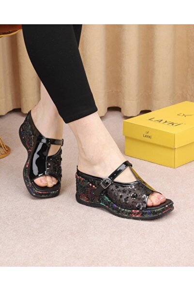 layki Lionna Black Colored Orthopedic Sole Mesh Detailed Adjustable Women's S...