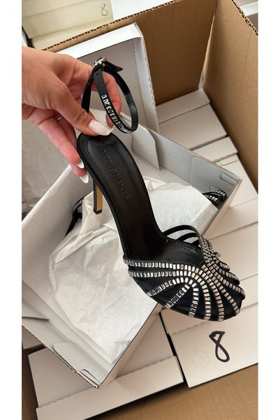 MYVOLANTE Black Satin Stone Detailed Heeled Shoes
