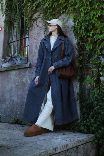 ZÜLAYS Düğmeli Salaş Denim Trençkot Koyu Mavi