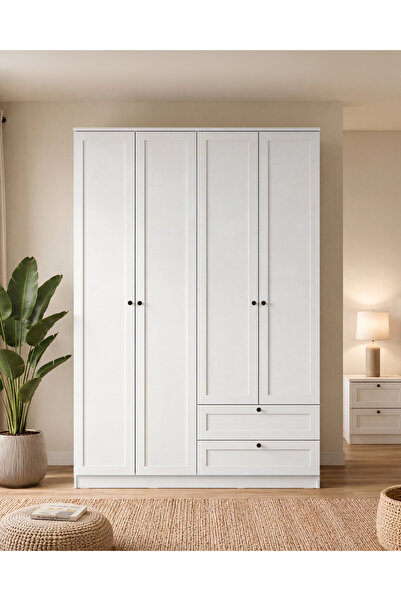 SARMOBİ Terra 4 Kapaklı 2 Çekmeceli Gardırop/Dolap 137x210x52 cm Beyaz – Mode...