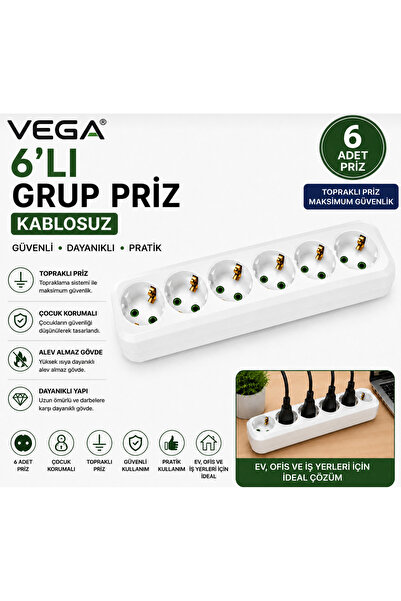 VEGA 6'li Kablosuz Grup Priz Topraklı Priz Çoğaltıcı Priz Girişi Yoktur Kablo...