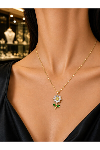 CAXBERN Women's 316L Stainless Steel Zircon Stone Sparkling Daisy Gold Necklace