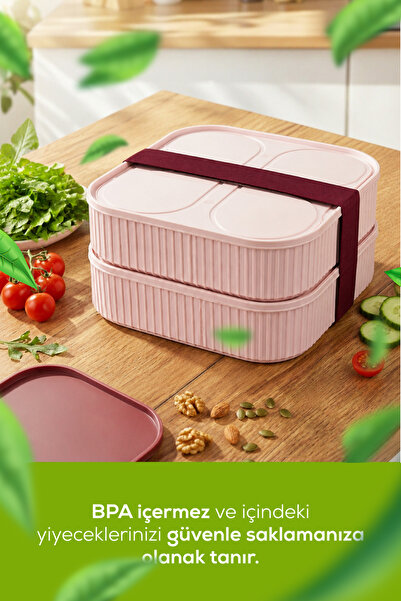 Vienev İstiflenebilir 2li 2400 ml Elastik Bantlı Beslenme Saklama Kabı Seti Pembe