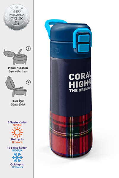 Coral High Kids Navy Blue Plaid Bow Patterned Steel Thermos with Straw and Di...