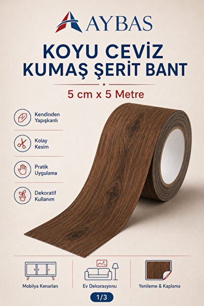 Aybas 5cm x 5metre Koyu Ceviz Ahşap Desenli Kumaş Yapışkan Bant – Kendinden Y...