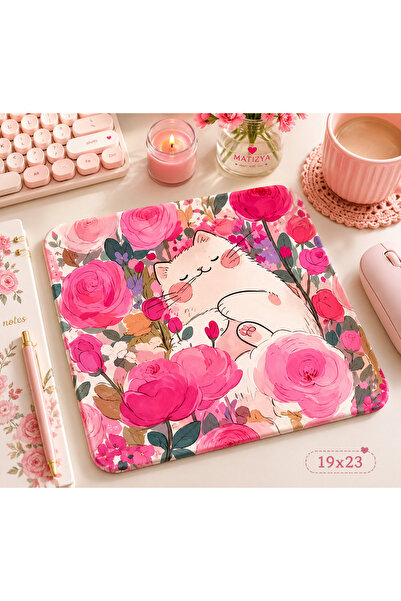 matizya Çiçekli Sevimli Kedi Desenli Mousepad | Pembe Girly & Kawaii Tasarım