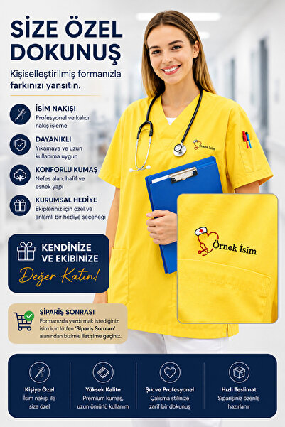 mirach Hemşirelere Özel İsim Yazılan Kişiye Özel Medikal Scrubs Kadın Scrubs ...