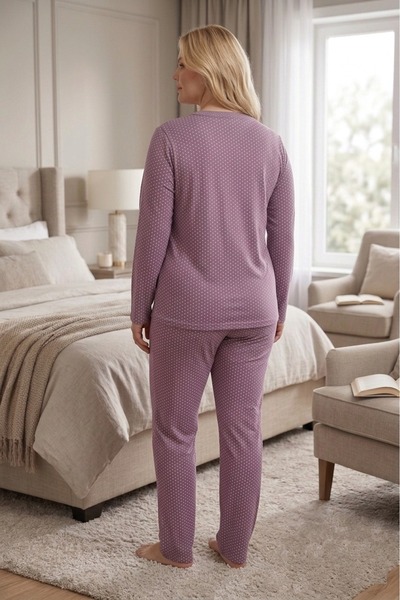 Eyfuze Women's Plus Size Patterned Collared Buttoned Long Sleeve Bamboo Pajama Set