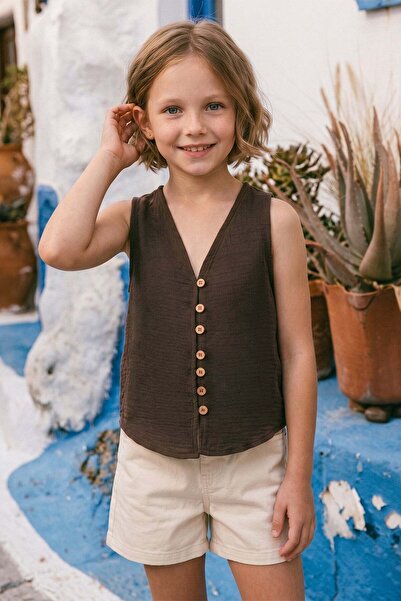Fulla Moda Buttoned V-Neck Muslin Fabric Girls' Vest