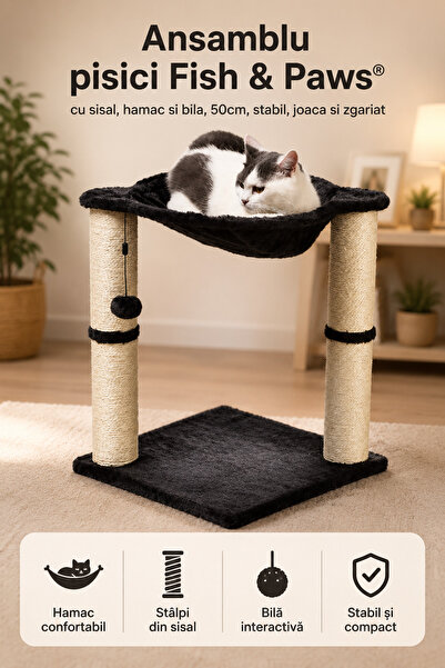 Fish & Paws Ansamblu pisici Fish & Paws®, cu sisal, hamac si bila, 50cm, stab...