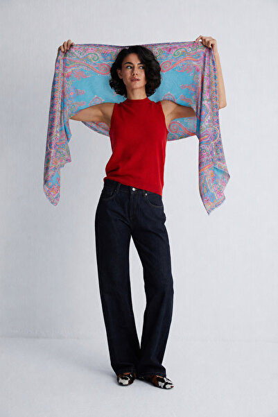 Silk and Cashmere Turkuaz Jas İpekli Baskılı Pareo Şal 70x180 cm