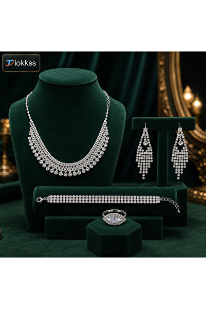 Tiokkss 5pcs Women Rhinestone Jewelry Set, Silver Crystal-Look Necklace Earri...