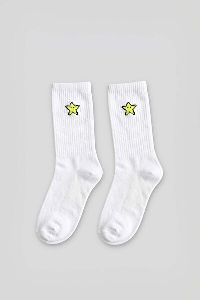 ablukaonline Unisex Emoji Star Patterned College Tennis Socks White