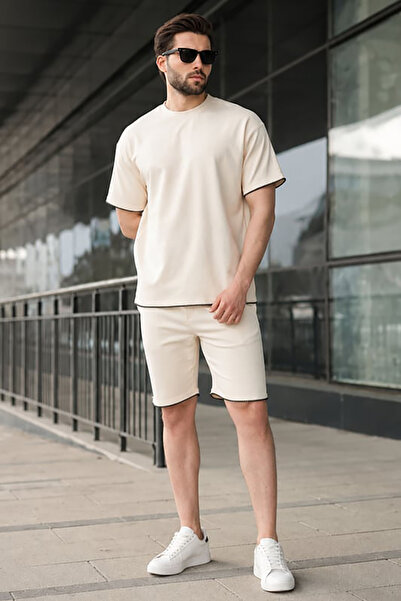 Madmext Μπεζ Κέντημα Λεπτομερές Ανδρικό Σορτς T-shirt Σετ E7305