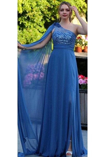 Abiyeniall Indigo One Shoulder Floral Detail Slit Flared Skirt Chiffon Long E...