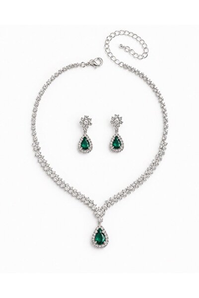 Nevara Luxury Green Crystal Jewelry Set - Elegant Waterdrop Design Necklace a...