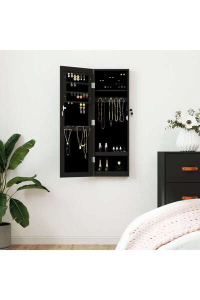 Concept Dulap de bijuterii & oglindă montat pe perete negru 30x8,5x90cm