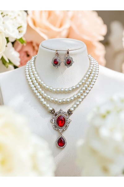 FAYRA ACCESSORIES Kırmızı Kristal Taşlı İnci Kolye ve Küpe Seti