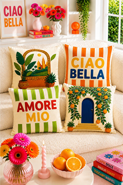 ayshome textile Ays Home Ciao Bella Italian Patterned Orange Green Home Garde...
