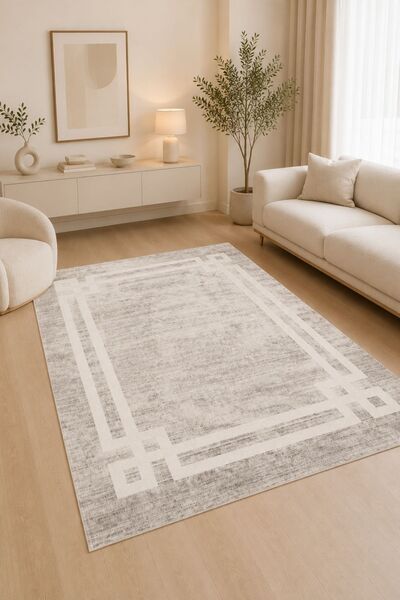 Border Patterned Washable Anti-Slip Base Chenille Anthracite White Living Room Rug 4020