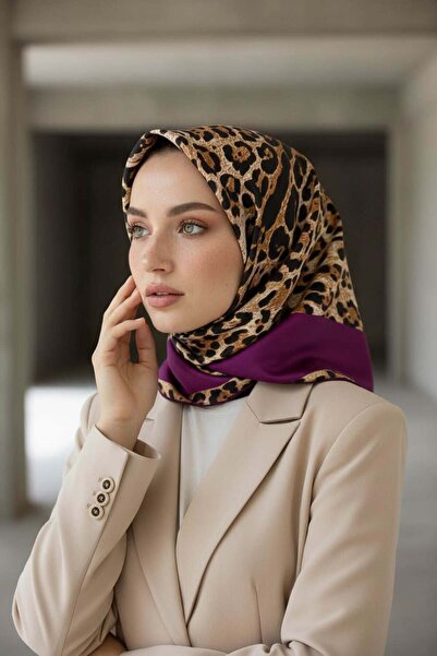 Vissona %100 Twill İpek Leopar Desenli Mürdüm Renkli 90x90 Eşarp Dikim Şekli ...