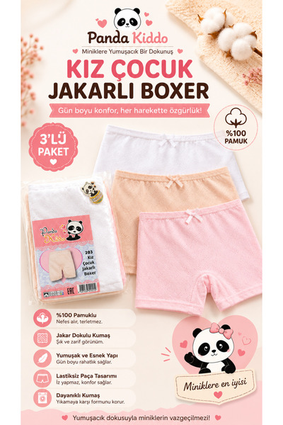 Panda Kiddo Kız Çocuk Jakarlı Boxer 3’lü Paket