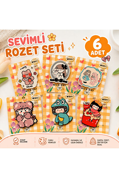 Luxmon Kawaii Girl Sevimli 6'lı Ahşap Çanta Elbise Rozet Seti Broş
